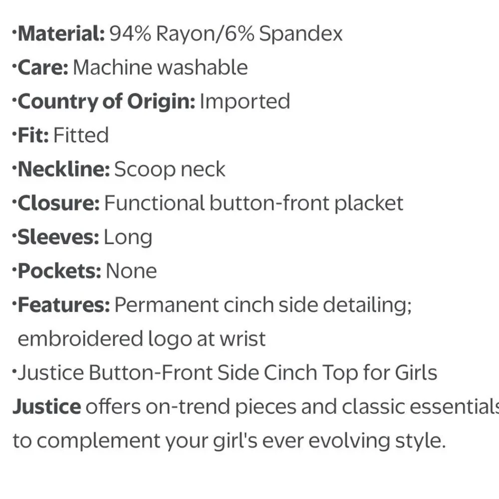 Justice Girls Top 7 8 Butterfly Ribbed Button Front Cinch Long Sleeve Tee School